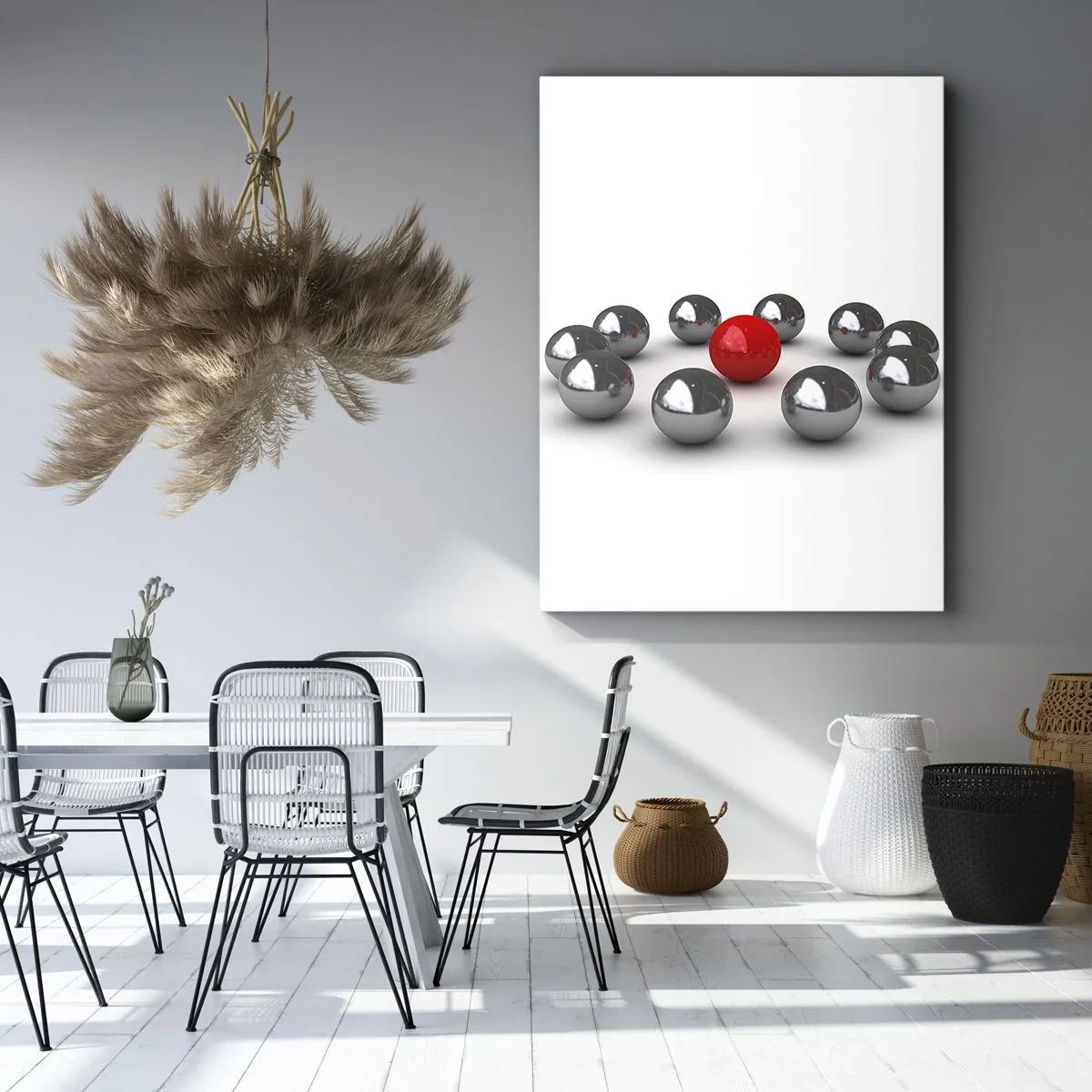 Obraz na płótnie - Czerwona kula otoczona srebrnymi kulami na białym tle - 50x70cm - Krąg w srebrze i czerwieni - Nowoczesna dekoracja ścienna do salonu, kuchni i sypialni ARTTOR