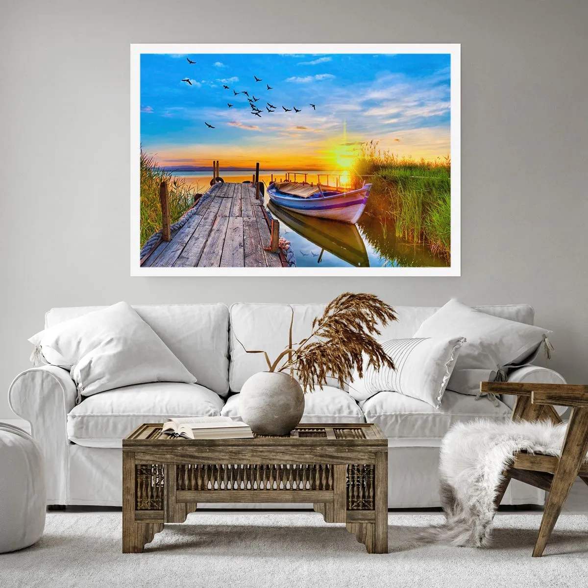 Plakat - Łódka przy drewnianym pomoście o zachodzie słońca - 100x70cm - Do widzenia, do jutra - Nowoczesna dekoracja ścienna do salonu i sypialni ARTTOR
