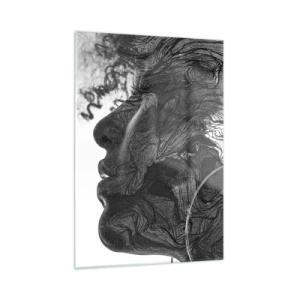 Obraz na szkle - Czarno-biała sylwetka kobiety z abstrakcyjnymi liniami - 50x70cm - Zaplątana w marzeniach - Nowoczesna dekoracja ścienna do salonu, kuchni i sypialni ARTTOR
