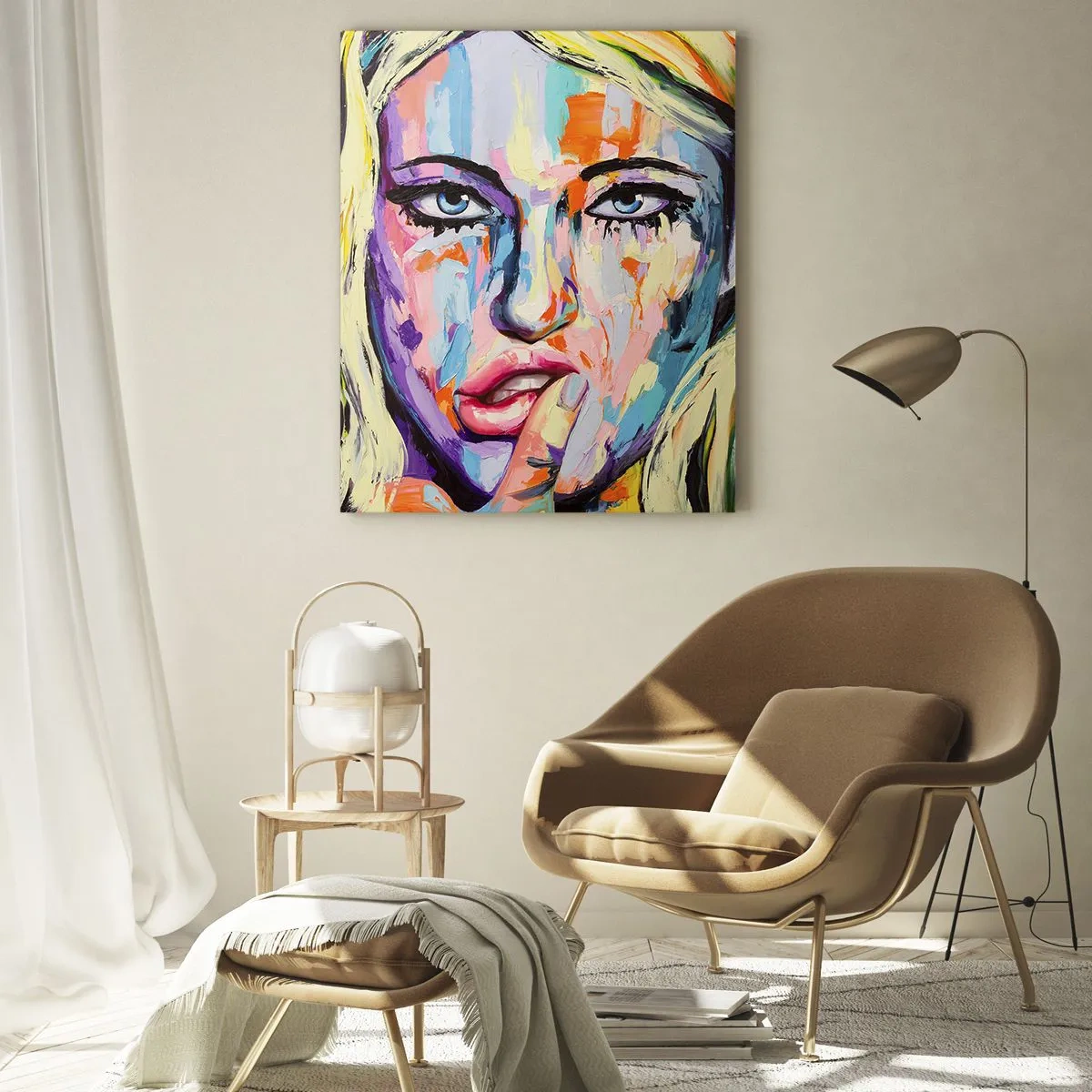 Obraz na szkle - Kolorowy portret kobiety w stylu abstrakcyjnym - 80x120cm - Spójrz jej prosto w oczy - Nowoczesna dekoracja ścienna do salonu i sypialni ARTTOR