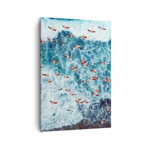 Obraz na płótnie - Różowe flamingi nad błękitnym oceanem z lotu ptaka - 70x100cm - Nadmorska parada - Nowoczesna dekoracja ścienna do salonu i sypialni ARTTOR