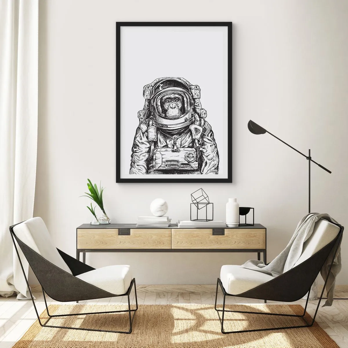 Plakat w czarnej ramie - Małpa w skafandrze kosmicznym na białym tle - 50x70cm - Alternatywna ewolucja - Nowoczesna dekoracja ścienna do salonu i sypialni ARTTOR