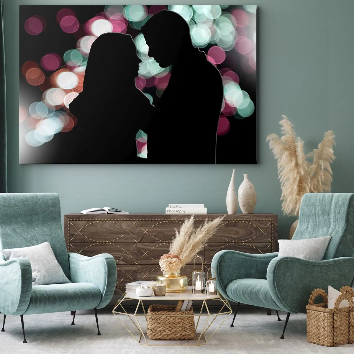 Obraz na płótnie - Sylwetki pary na tle kolorowych świateł bokeh - 70x50cm - Tak! - Nowoczesna dekoracja ścienna do salonu i sypialni ARTTOR