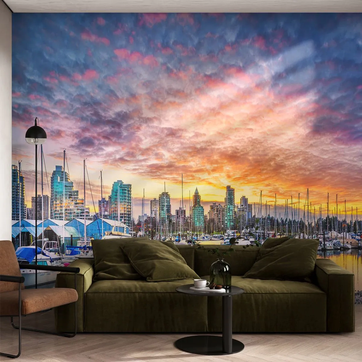 Fototapeta Premium Sand - Marina z jachtami na tle miasta o zachodzie słońca - 100x70cm - Miasto tysiąca żeglarzy - Nowoczesna dekoracja ścienna do salonu, kuchni i sypialni ARTTOR