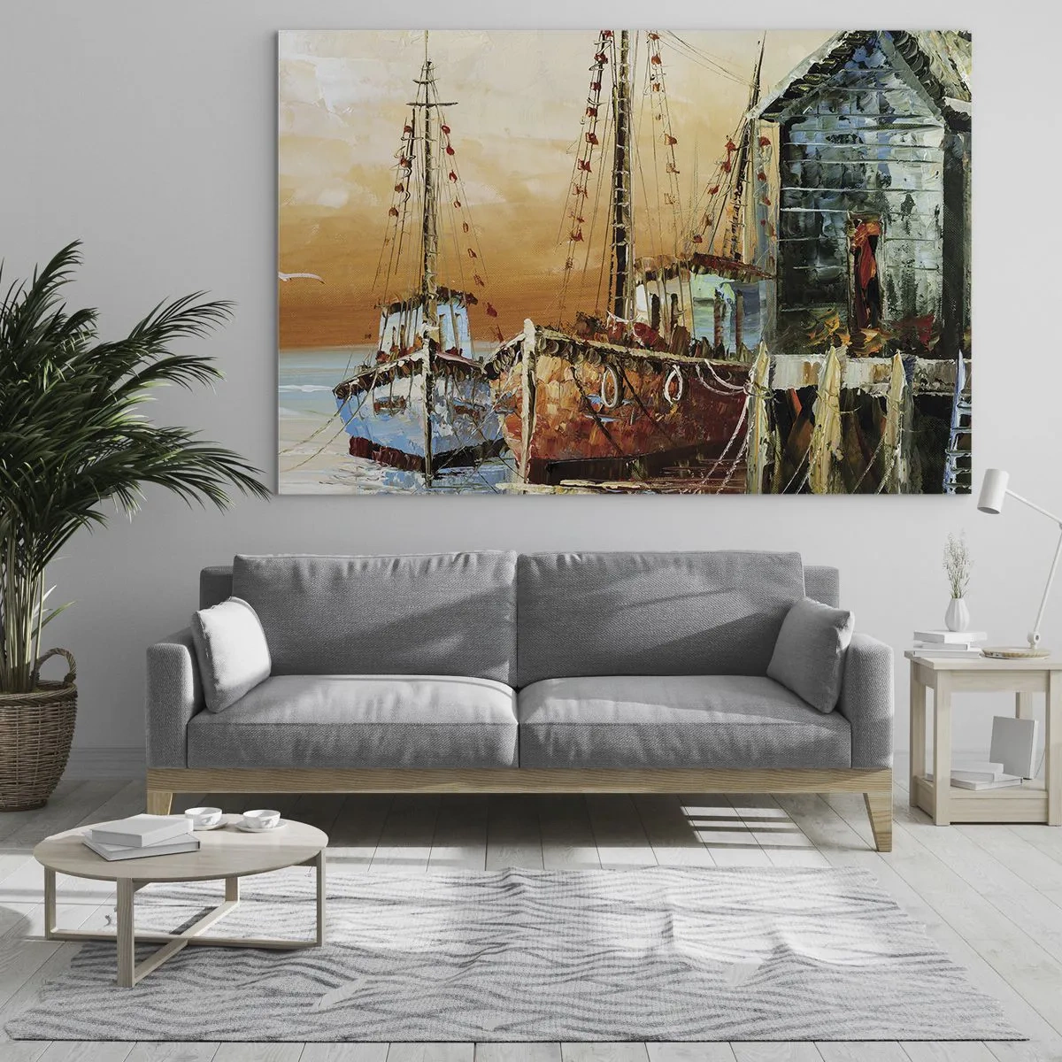 Obraz na szkle - Kolorowe łodzie przy przystani - 120x80cm - Spokojny powrót - Nowoczesna dekoracja ścienna do salonu, kuchni i sypialni ARTTOR