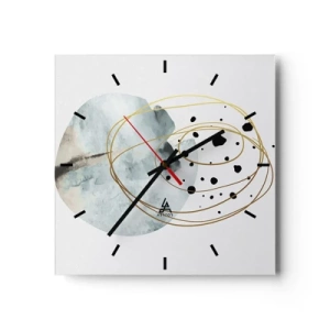 Zegar ścienny - Minimalistyczna abstrakcja z geometrycznym wzorem i złotymi liniami - 30x30cm - W objęciach przestrzeni - Nowoczesna dekoracja ścienna do salonu i sypialni ARTTOR