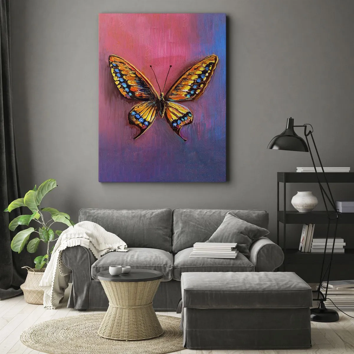 Obraz na płótnie - Kolorowy motyl na tle gradientu różu i fioletu - 50x70cm - Klejnot natury - Nowoczesna dekoracja ścienna do salonu, kuchni i sypialni ARTTOR