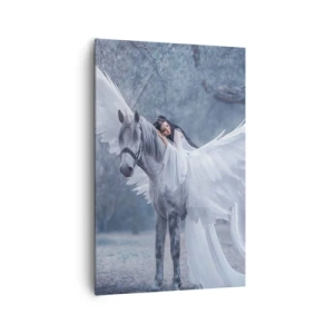 Obraz na płótnie - Kobieta na białym koniu ze skrzydłami w magicznym lesie - 80x120cm - Natchniona chwila - Nowoczesna dekoracja ścienna do salonu i sypialni ARTTOR