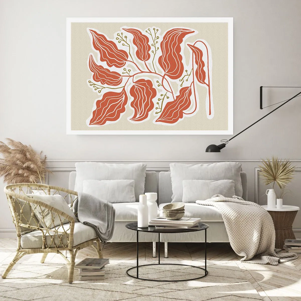 Plakat - Minimalistyczny motyw liści w odcieniach pomarańczowego i zielonego - 100x70cm - Ludowo i koralowo - Nowoczesna dekoracja ścienna do salonu i sypialni ARTTOR