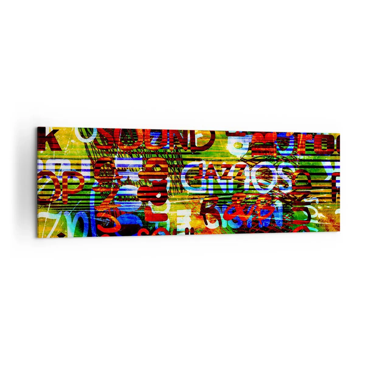 Obraz na płótnie - Kolorowa abstrakcja z napisami muzycznymi w stylu pop-art - 160x50cm - Wszystkie barwy dźwięku - Nowoczesna dekoracja ścienna do salonu i sypialni ARTTOR