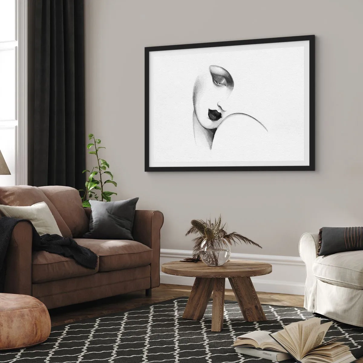 Plakat w czarnej ramie - Subtelny portret kobiety w monochromatycznym stylu - 70x50cm - W stylu Łempickiej - Nowoczesna dekoracja ścienna do salonu i sypialni ARTTOR