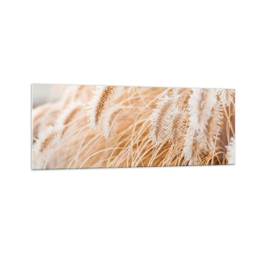 Obraz na szkle - Zbliżenie na złote, delikatne trawy w promieniach słońca - 140x50cm - Złoty szelest traw - Nowoczesna dekoracja ścienna do salonu i sypialni ARTTOR