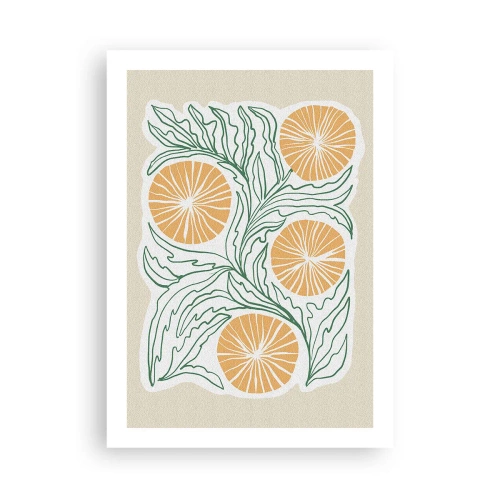 Plakat - Abstrakcyjna kompozycja liści i pomarańczy na beżowym tle - 50x70cm - Etnicznie z nutą abstrakcji - Nowoczesna dekoracja ścienna do salonu, kuchni i sypialni ARTTOR