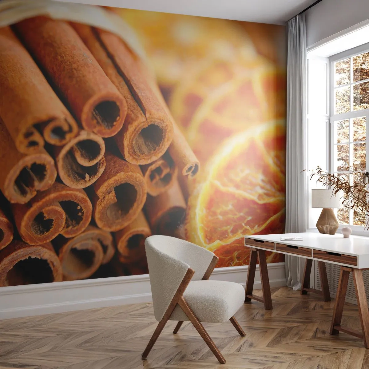 Fototapeta Samoprzylepna Deluxe Sticker - Czujesz ich aromat? - Pomarańcza, Laska Cynamonu, Przyprawy - 250x175 cm