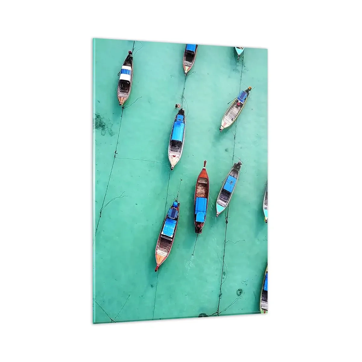 Obraz na szkle - Łodzie na turkusowej wodzie w widoku z lotu ptaka - 80x120cm - W radosnym oczekiwaniu - Nowoczesna dekoracja ścienna do salonu i sypialni ARTTOR