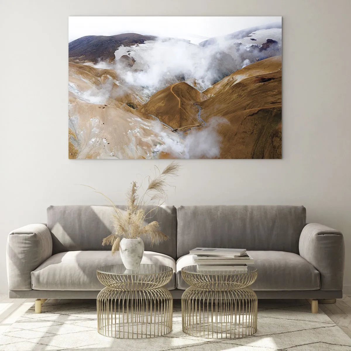 Obraz na szkle - Widok z lotu ptaka na parujące islandzkie wzgórza i doliny - 70x50cm - Surowa uroda Islandii - Nowoczesna dekoracja ścienna do salonu i sypialni ARTTOR