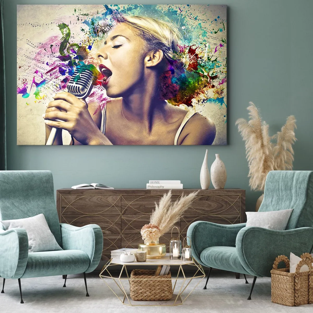Obraz na płótnie - Artystyczny portret kobiety śpiewającej z kolorowymi efektami - 100x70cm - Pomalować głosem świat - Nowoczesna dekoracja ścienna do salonu, kuchni i sypialni ARTTOR