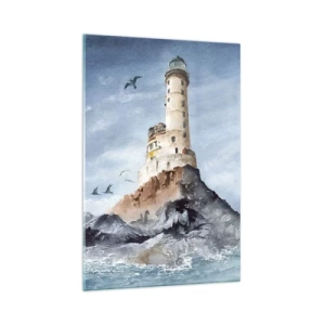 Obraz na szkle - Akwarelowy obraz latarni morskiej stojącej na skalistym klifie wśród fal oceanu - 70x100cm - Niezwyciężona - Nowoczesna dekoracja ścienna do salonu i sypialni ARTTOR