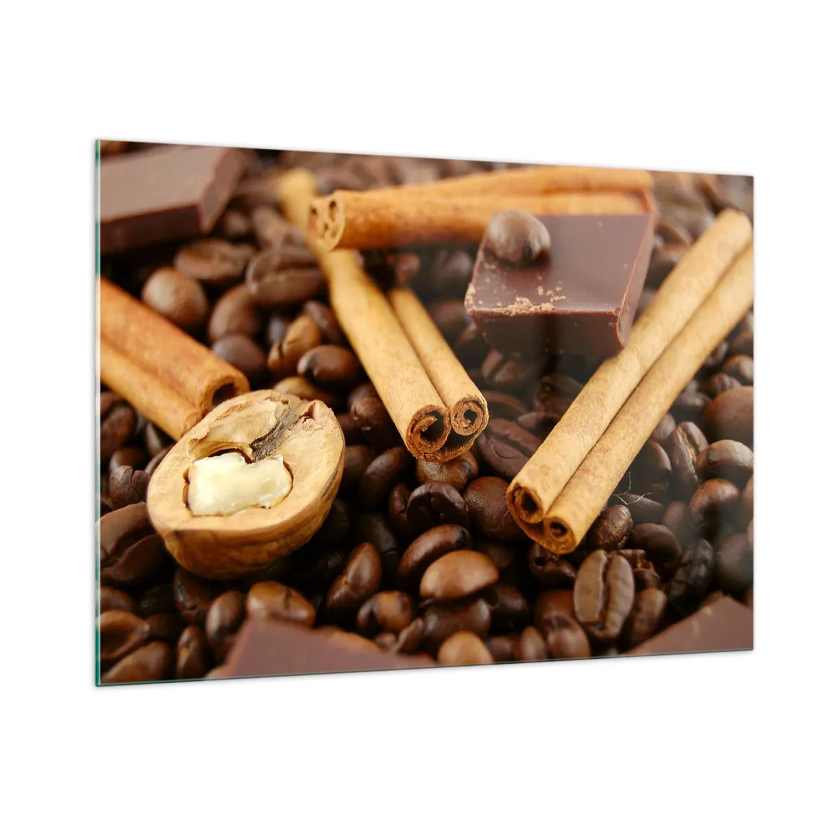 Obraz na szkle - Kawa, cynamon, czekolada i orzech na zbliżeniu - 100x70cm - Koncert aromatów - Nowoczesna dekoracja ścienna do salonu, kuchni i sypialni ARTTOR