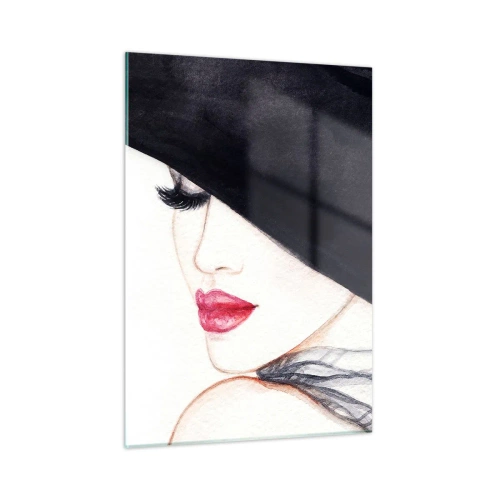 Obraz na szkle - Subtelny portret kobiety w kapeluszu z czerwonymi ustami - 50x70cm - Elegancja i zmysłowość - Nowoczesna dekoracja ścienna do salonu, kuchni i sypialni ARTTOR