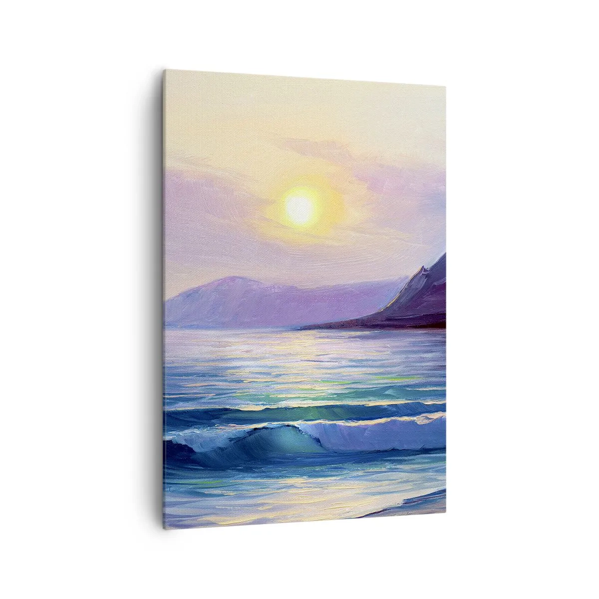 Obraz na płótnie - Malowniczy pejzaż morski o zachodzie słońca z falami i górami - 70x100cm - Kryształ wody i powietrza - Nowoczesna dekoracja ścienna do salonu i sypialni ARTTOR