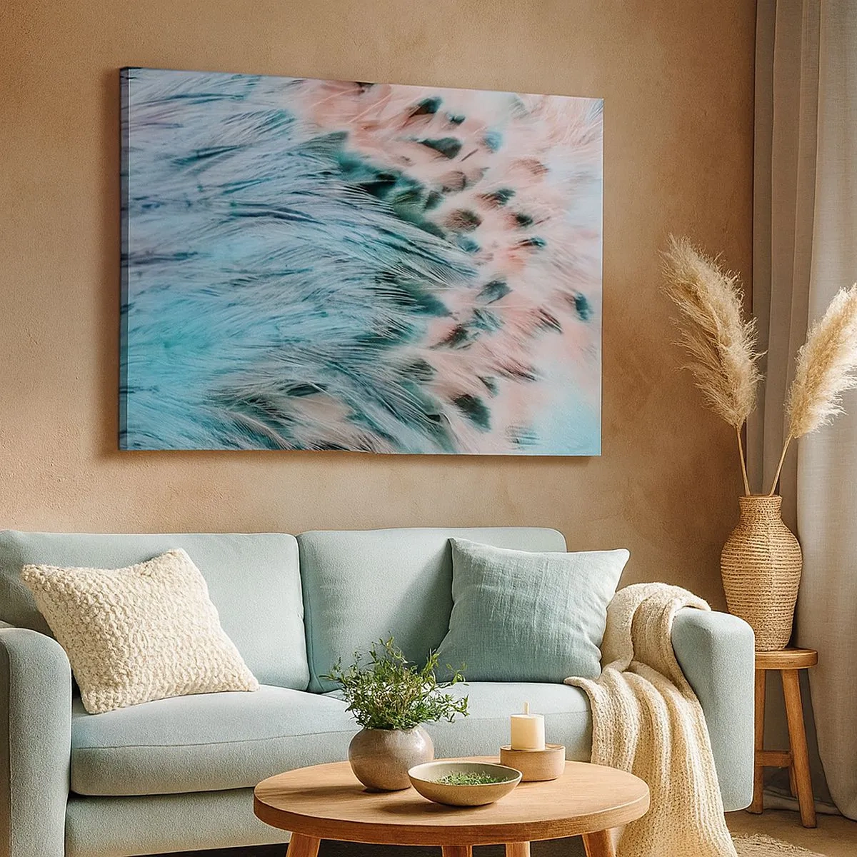 Obraz na płótnie - Zbliżenie na pióra w pastelowych szafirowo-różowych barwach - 70x50cm - Szafirowo-różowy puch - Nowoczesna dekoracja ścienna do salonu i sypialni ARTTOR