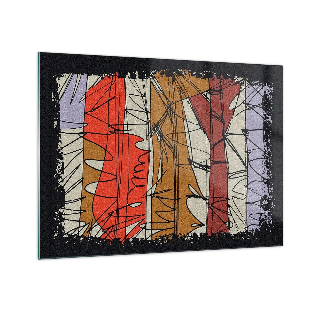 Obraz na szkle - Graficzna abstrakcja z kolorowymi pasami i czarnymi liniami - 70x50cm - Kompozycja spontaniczna - Nowoczesna dekoracja ścienna do salonu i sypialni ARTTOR