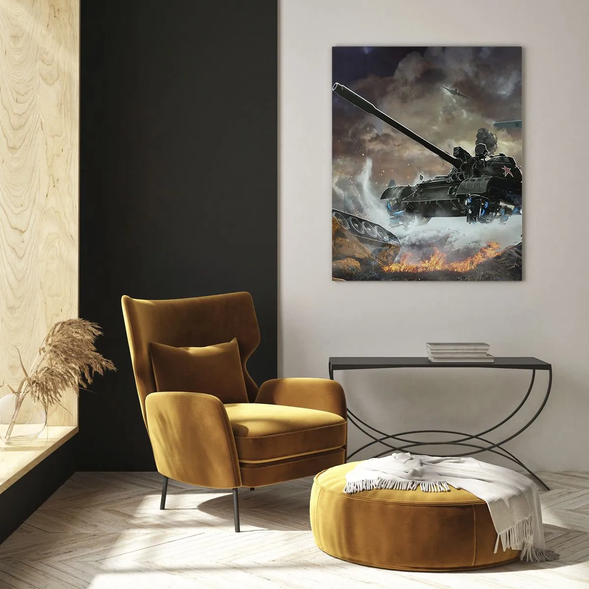 Obraz na szkle - Czołg w akcji na tle dramatycznego pola bitwy - 50x70cm - Bitwa jest straszna i piękna - Nowoczesna dekoracja ścienna do salonu, kuchni i sypialni ARTTOR