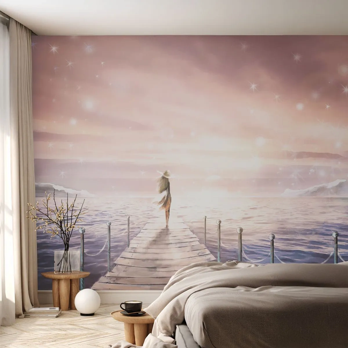 Fototapeta Premium Sand - Kobieta na molo w świetle horyzontu - 100x70cm - W świetle marzenia - Nowoczesna dekoracja ścienna do salonu, kuchni i sypialni ARTTOR