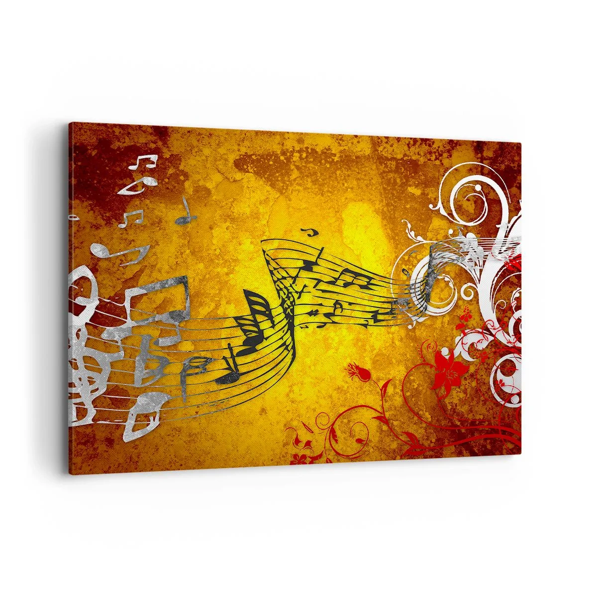Obraz na płótnie - Abstrakcyjne nuty muzyczne na kolorowym tle z ornamentami - 100x70cm - Niech płynie muzyka - Nowoczesna dekoracja ścienna do salonu, kuchni i sypialni ARTTOR