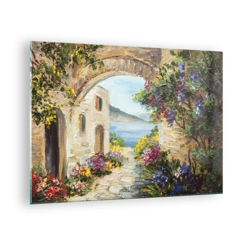 Obraz na szkle - Malownicza uliczka z widokiem na jezioro - 70x50cm - Urok nadmorskiej prowincji - Nowoczesna dekoracja ścienna do salonu i sypialni ARTTOR