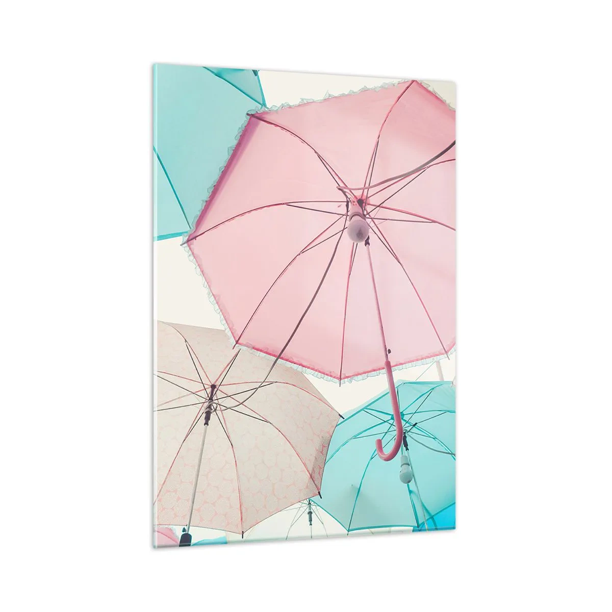 Obraz na szkle - Kolorowe parasole unoszące się w powietrzu - 50x70cm - Czasem słońce, czasem deszcz - Nowoczesna dekoracja ścienna do salonu, kuchni i sypialni ARTTOR