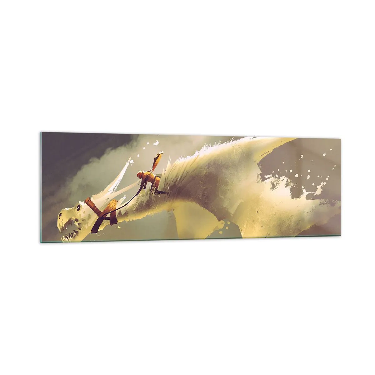 Obraz na szkle - Ilustracja jeźdźca na smoku w fantastycznej scenerii chmur - 160x50cm - Światu na ratunek - Nowoczesna dekoracja ścienna do salonu i sypialni ARTTOR