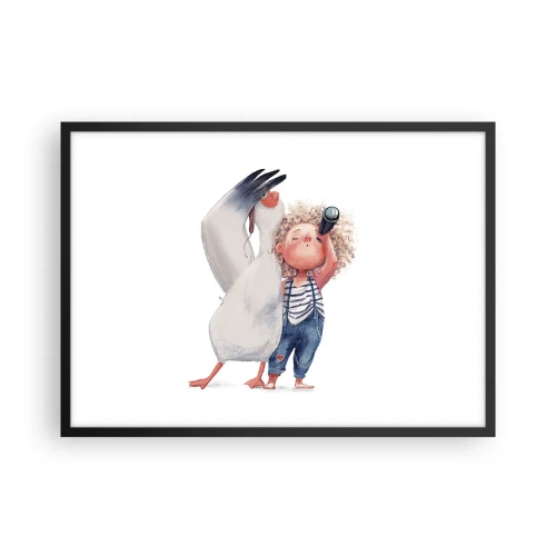 Plakat w czarnej ramie - Ilustracja dziecka z pelikanem i lunetą w ręku - 70x50cm - Plan wielkiej podróży - Nowoczesna dekoracja ścienna do salonu i sypialni ARTTOR