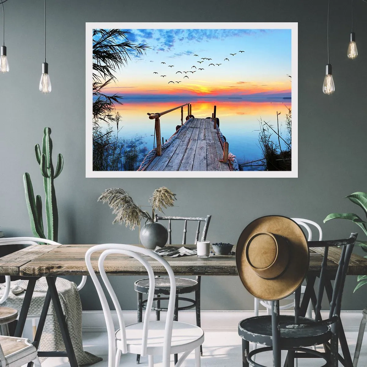 Plakat - Drewniany pomost nad jeziorem o zachodzie słońca - 100x70cm - Pora wracać… - Nowoczesna dekoracja ścienna do salonu i sypialni ARTTOR
