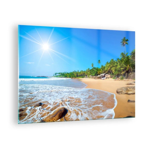 Obraz na szkle - Tropikalna plaża z palmami i falami pod błękitnym niebem - 70x50cm - Egzotyczne miejsce dla ciebie - Nowoczesna dekoracja ścienna do salonu i sypialni ARTTOR