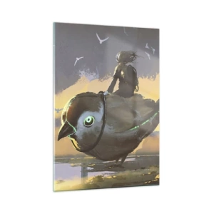 Obraz na szkle - Postać na gigantycznym ptaku w świetle zachodzącego słońca - 50x70cm - Przystanek w fantastycznej podróźy - Nowoczesna dekoracja ścienna do salonu, kuchni i sypialni ARTTOR
