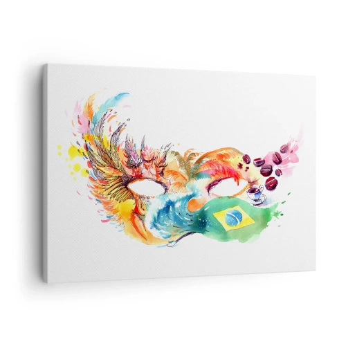 Obraz na płótnie - Kolorowa akwarelowa maska inspirowana Brazylią - 70x50cm - Brazylia wita sambą - Nowoczesna dekoracja ścienna do salonu i sypialni ARTTOR