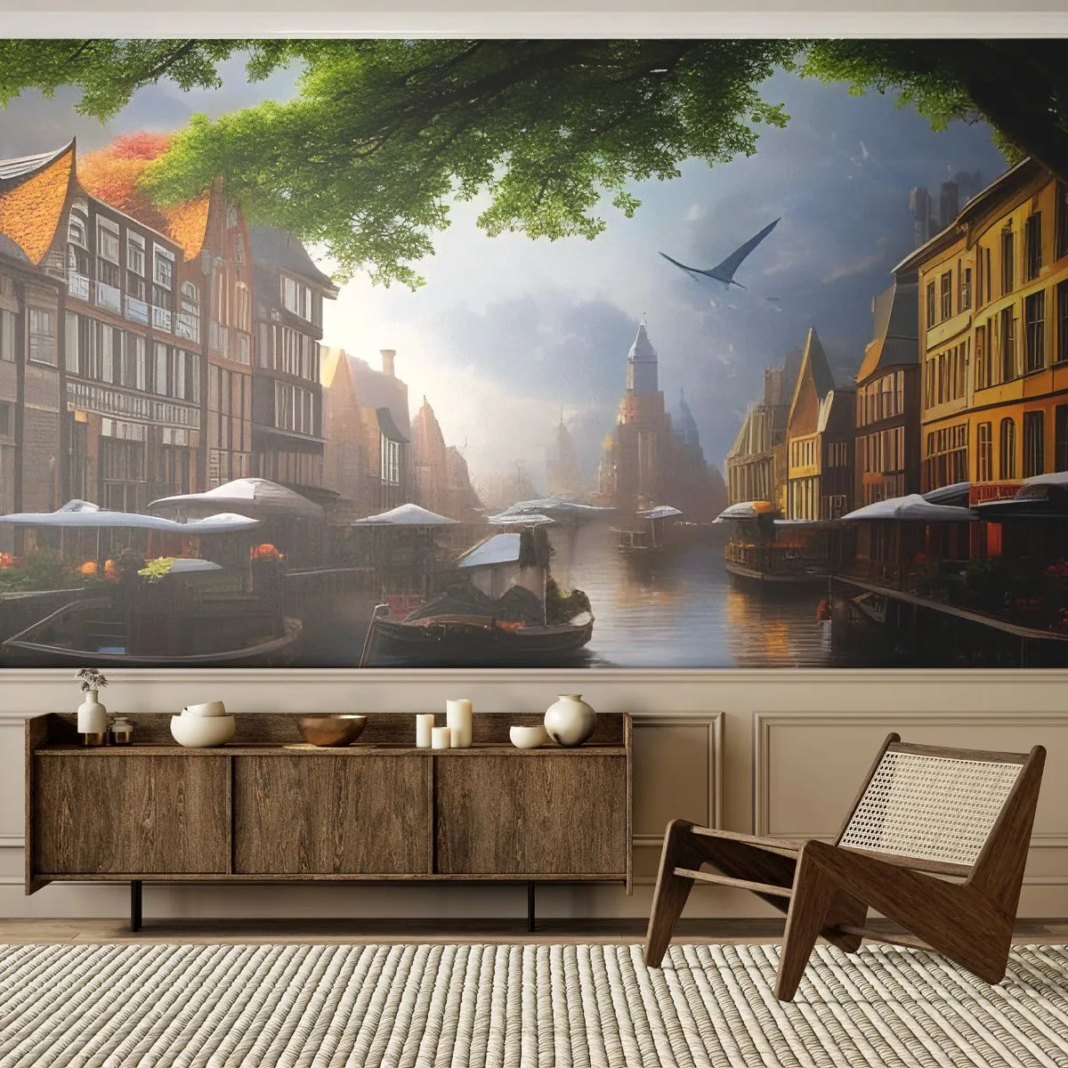 Fototapeta Premium Canvas - Niderlandzki pejzaż miejski - Stare Miasto, Łodzie, Kanał - 150x105 cm