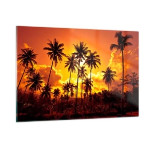 Obraz na szkle - Palmy na tle ognistego zachodu słońca - 120x80cm - Płoną góry, płoną lasy - Nowoczesna dekoracja ścienna do salonu, kuchni i sypialni ARTTOR