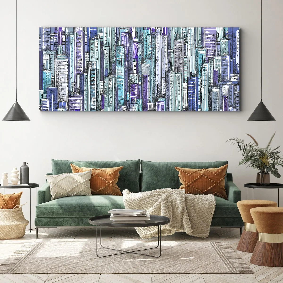 Obraz na płótnie - Ilustracja miasta z geometrycznymi budynkami w odcieniach błękitu i fioletu - 160x50cm - Pobłękitniałe od nieba - Nowoczesna dekoracja ścienna do salonu i sypialni ARTTOR