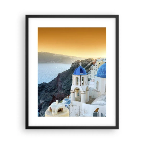 Plakat w czarnej ramie - Santorini - przytulone do skał - 40x50 cm