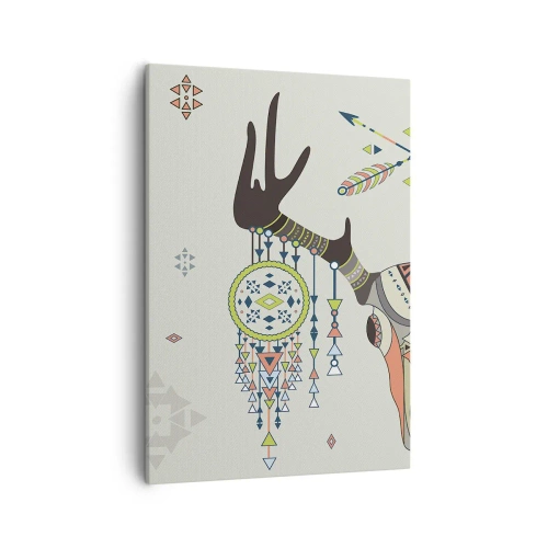 Obraz na płótnie - Stylizowany róg z indiańskimi ozdobami i łapaczem snów - 50x70cm - Trofeum indiańskiego łowcy - Nowoczesna dekoracja ścienna do salonu, kuchni i sypialni ARTTOR