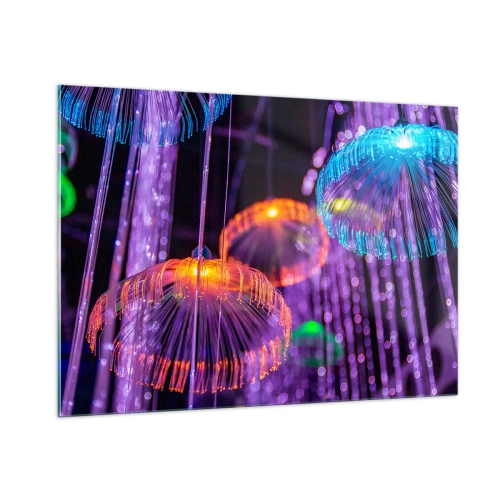 Obraz na szkle - Kolorowe świetlne struktury przypominające meduzy - 100x70cm - Świetlna fontanna - Nowoczesna dekoracja ścienna do salonu, kuchni i sypialni ARTTOR