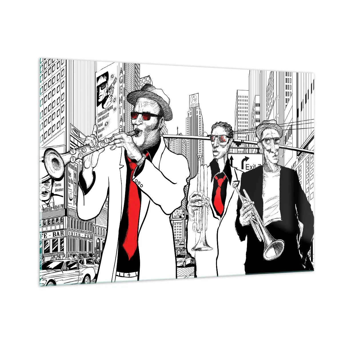 Obraz na szkle - Jazzowy zespół uliczny w nowoczesnym stylu graficznym - 100x70cm - Miejska rapsodia w czerni i czerwieni - Nowoczesna dekoracja ścienna do salonu, kuchni i sypialni ARTTOR