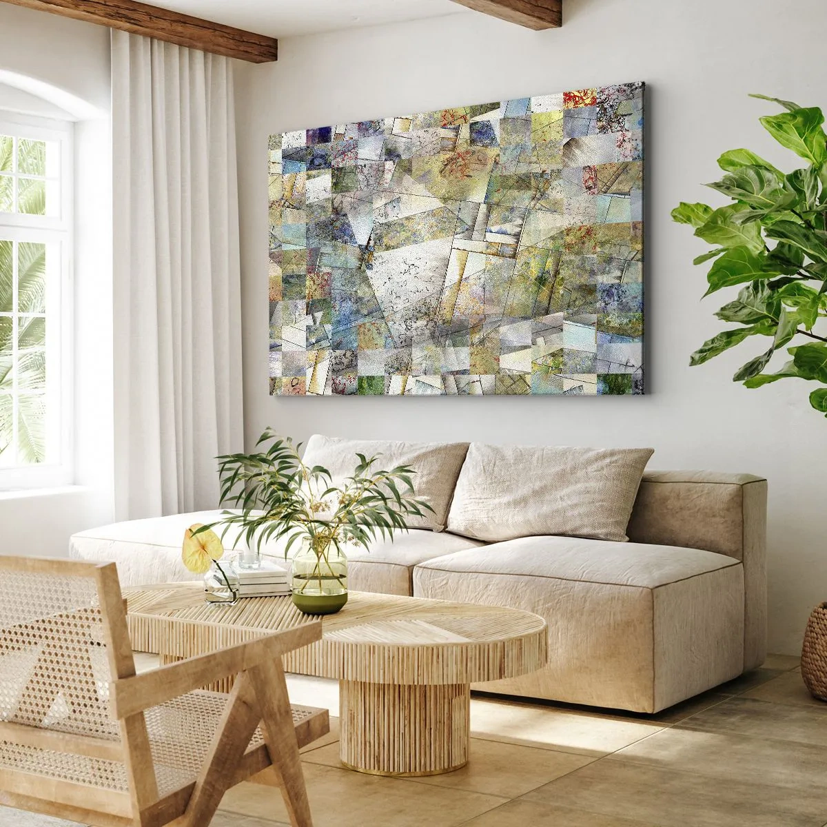 Obraz na płótnie - Kolorowa abstrakcja z geometrycznymi kształtami i liniami - 70x50cm - Geometryczne przetasowanie - Nowoczesna dekoracja ścienna do salonu i sypialni ARTTOR