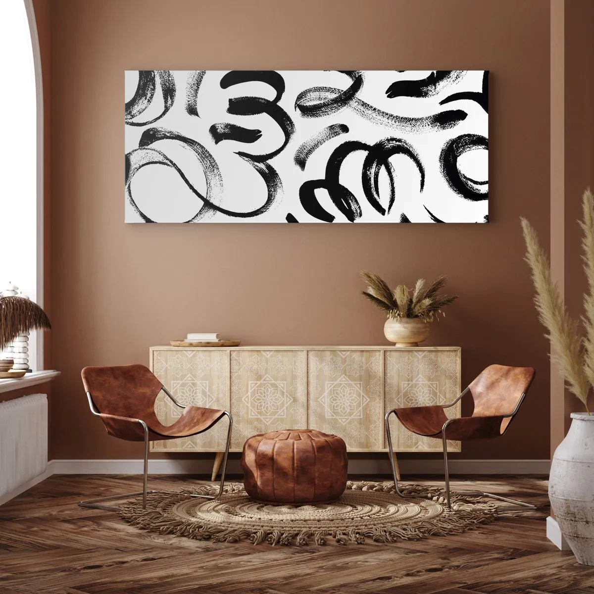 Obraz na płótnie - Czarne abstrakcyjne pociągnięcia pędzlem na białym tle - 140x50cm - Czarno na białym - Nowoczesna dekoracja ścienna do salonu i sypialni ARTTOR