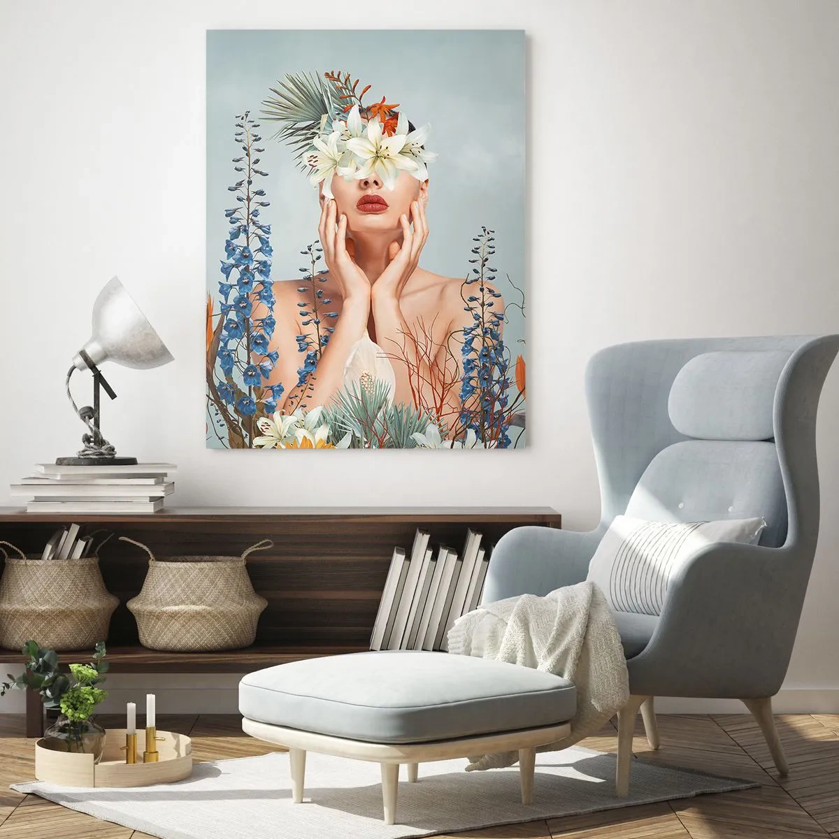 Obraz na szkle - Postać kobiety z kwiatową koroną i kompozycją florystyczną - 50x70cm - Kobieta – kwiat - Nowoczesna dekoracja ścienna do salonu, kuchni i sypialni ARTTOR