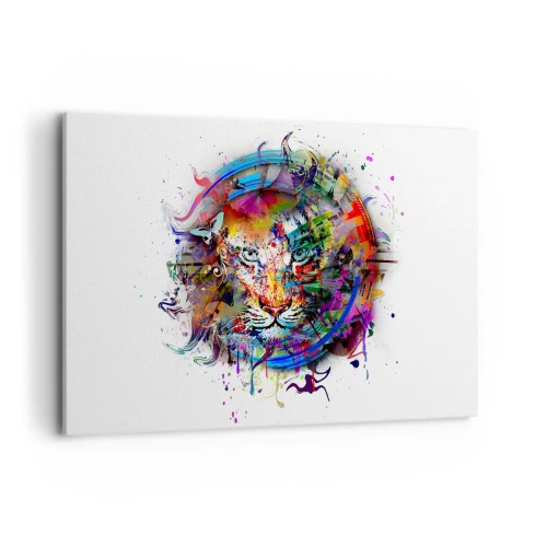 Obraz na płótnie - Kolorowy portret lwa w abstrakcyjnym stylu - 120x80cm - Czai się za tęczową zasłoną - Nowoczesna dekoracja ścienna do salonu, kuchni i sypialni ARTTOR