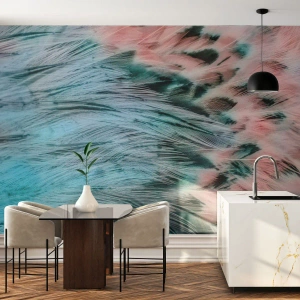 Fototapeta Premium Canvas - Zbliżenie na pióra w pastelowych szafirowo-różowych barwach - 100x70cm - Szafirowo-różowy puch - Nowoczesna dekoracja ścienna do salonu i sypialni ARTTOR